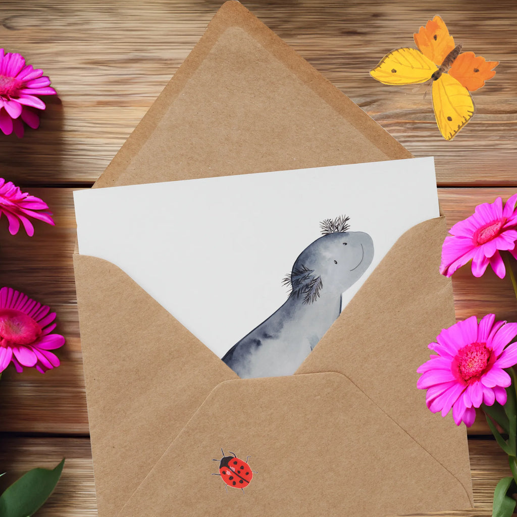 Deluxe Karte Axolotl Schwimmen Karte, Einladungskarte, Geburtstagskarte, Glückwunschkarte, Hochwertige Klappkarte, Grußkarte, Hochwertige Grußkarte, Hochzeitskarte, Klappkarte, Axolotl, Molch, Lurch, Probleme, Lurche, Axolot, Lösungen, Motivation, Problem, Schwanzlurch