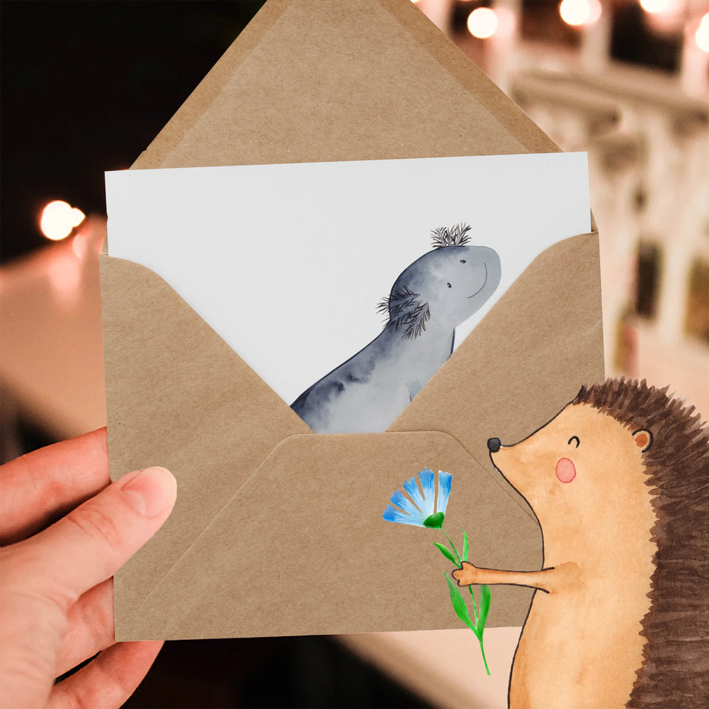Deluxe Karte Axolotl Schwimmen Karte, Einladungskarte, Geburtstagskarte, Glückwunschkarte, Hochwertige Klappkarte, Grußkarte, Hochwertige Grußkarte, Hochzeitskarte, Klappkarte, Axolotl, Molch, Lurch, Probleme, Lurche, Axolot, Lösungen, Motivation, Problem, Schwanzlurch