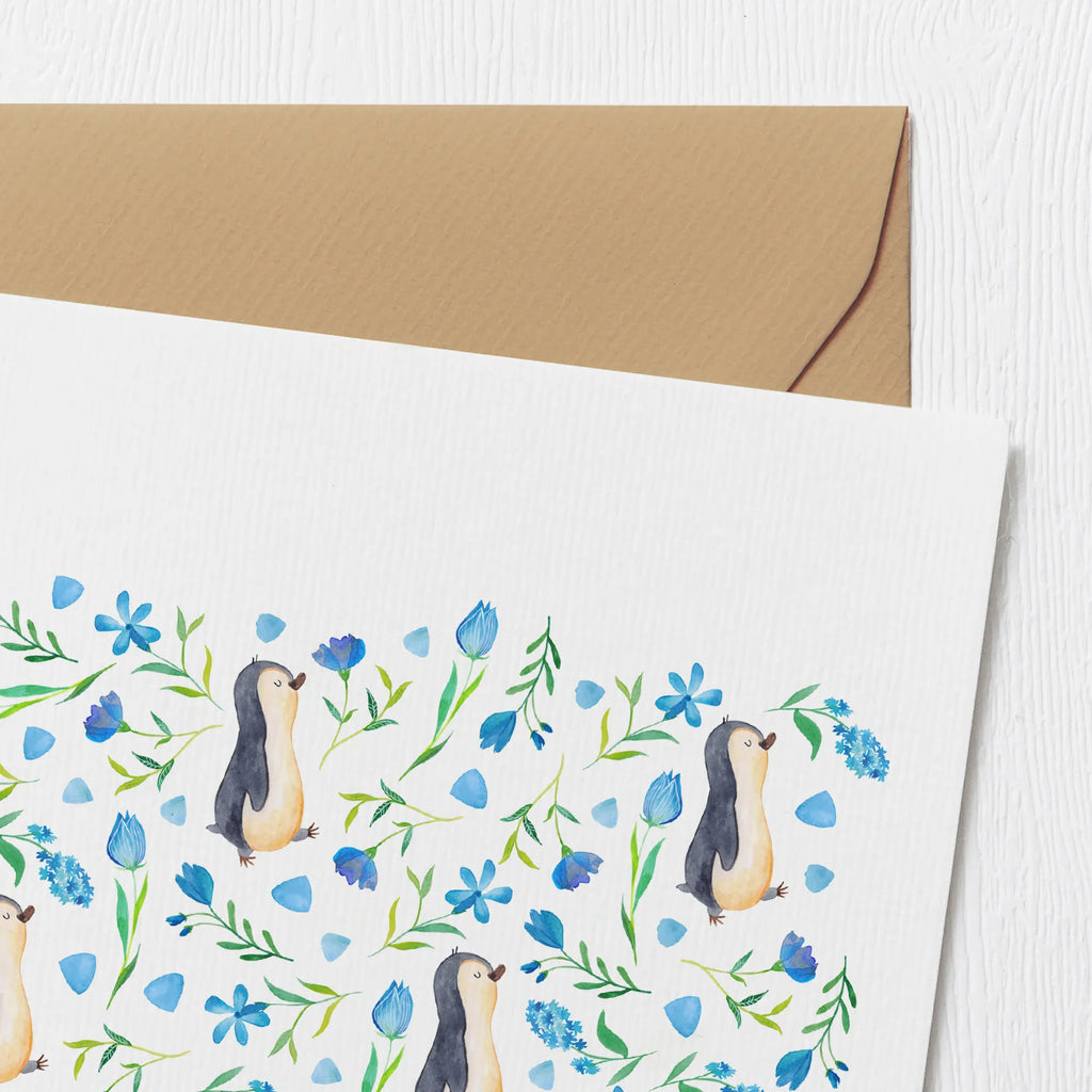 Deluxe Card Penguin Love Design Hochwertige Klappkarte, Einladungskarte, Hochwertige Grußkarte, Karte, Geburtstagskarte, Hochzeitskarte, Grußkarte, Klappkarte, Glückwunschkarte, Blumen, Blaue Blumen, Muster, Aquarell, Pinguin, Pinguine