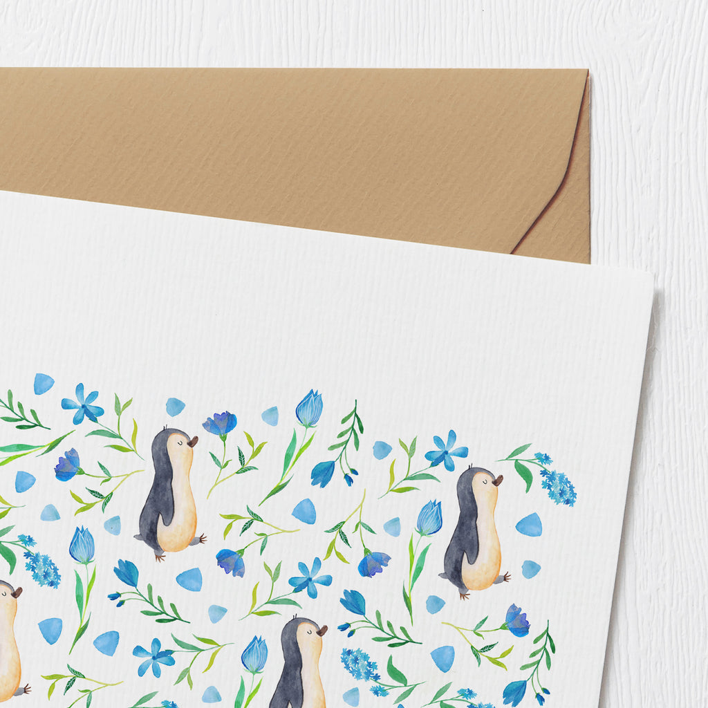 Deluxe Karte Pinguinliebe Design Karte, Grußkarte, Klappkarte, Einladungskarte, Glückwunschkarte, Hochzeitskarte, Geburtstagskarte, Hochwertige Grußkarte, Hochwertige Klappkarte, Aquarell, Pinguin, Pinguine, Blumen, Blaue Blumen, Muster