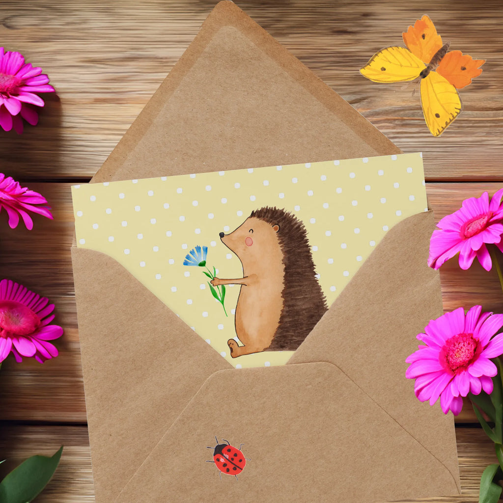 Deluxe Karte Igel Blumen Klappkarte, Geburtstagskarte, Glückwunschkarte, Karte, Hochzeitskarte, Hochwertige Klappkarte, Hochwertige Grußkarte, Grußkarte, Einladungskarte, Tiermotive, Gute Laune, lustige Sprüche, Tiere, Krankheit, Besuch, krank, Igel, Krankenhaus, Gute Besserung, Genesungswünsche