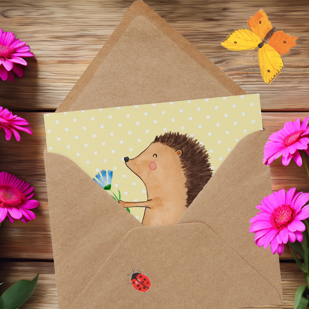 Deluxe Karte Igel Blumen Klappkarte, Geburtstagskarte, Glückwunschkarte, Karte, Hochzeitskarte, Hochwertige Klappkarte, Hochwertige Grußkarte, Grußkarte, Einladungskarte, Tiermotive, Gute Laune, lustige Sprüche, Tiere, Krankheit, Besuch, krank, Igel, Krankenhaus, Gute Besserung, Genesungswünsche