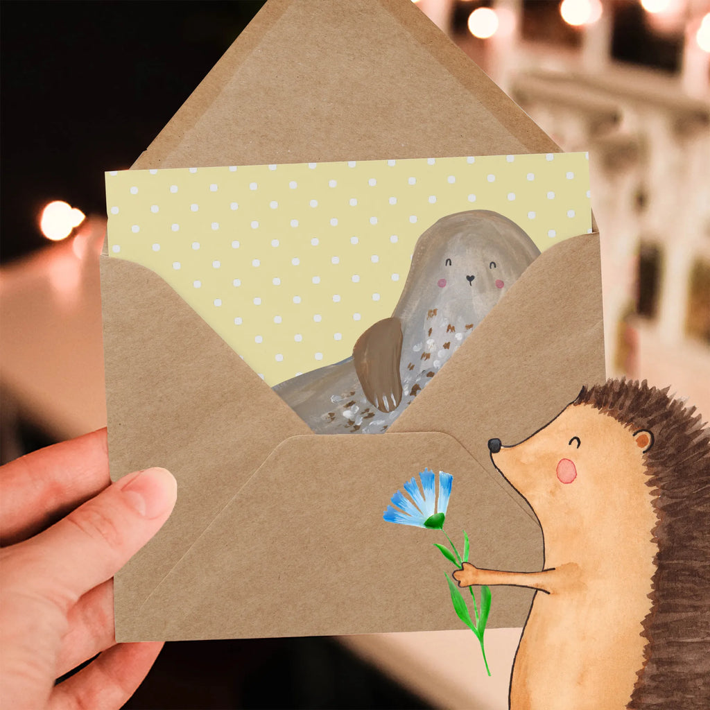 Deluxe Karte Robbe Lachen Grußkarte, Hochwertige Klappkarte, Einladungskarte, Karte, Geburtstagskarte, Glückwunschkarte, Klappkarte, Hochwertige Grußkarte, Hochzeitskarte, Tiermotive, Gute Laune, lustige Sprüche, Tiere, Meerestier, Robbe, Nordsee, Seehund, Robben, Ostsee, Strand