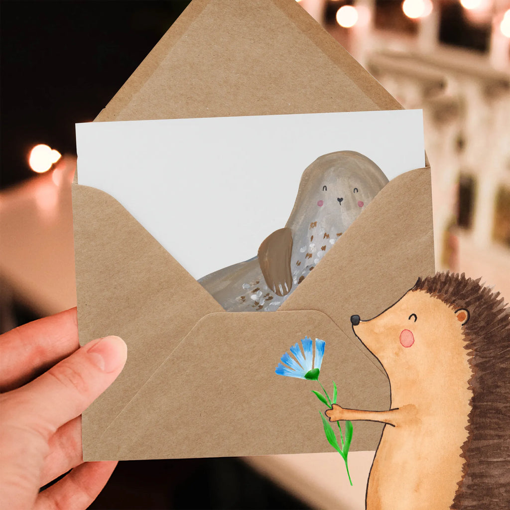 Deluxe Karte Robbe Lachen Grußkarte, Hochwertige Klappkarte, Einladungskarte, Karte, Geburtstagskarte, Glückwunschkarte, Klappkarte, Hochwertige Grußkarte, Hochzeitskarte, Tiermotive, Gute Laune, lustige Sprüche, Tiere, Meerestier, Robbe, Nordsee, Seehund, Robben, Ostsee, Strand