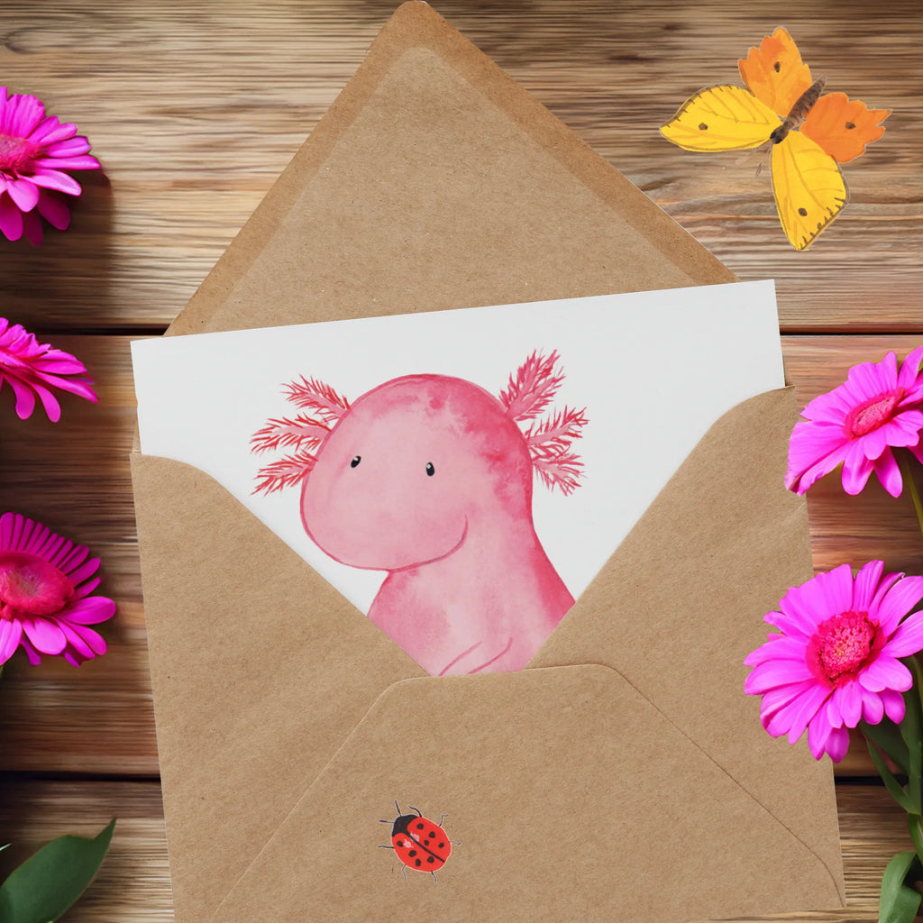 Deluxe Karte Axolotl null Geburtstagskarte, Hochwertige Grußkarte, Grußkarte, Hochwertige Klappkarte, Glückwunschkarte, Karte, Einladungskarte, Klappkarte, Hochzeitskarte, Axolotl, Molch, Weisheit, Liebe, Axolot, Freundin, zufrieden, Lebensweisheit, fröhlich, vergnügt, Lebensstil