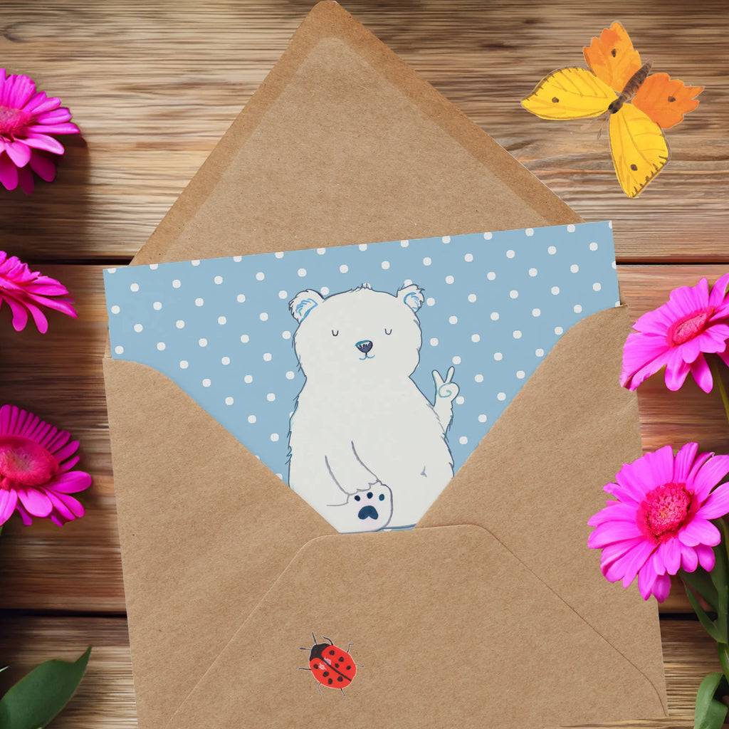 Deluxe Card Icebear Lazy Hochzeitskarte, Karte, Glückwunschkarte, Grußkarte, Einladungskarte, Geburtstagskarte, Klappkarte, Hochwertige Klappkarte, Hochwertige Grußkarte, Bär, Teddy, Teddybär, Arbeit, Eisbär, Büro, Arbeitsplatz, Entspannen, Nordpol, Relaxen, Bürojob, Faul, Homeoffice