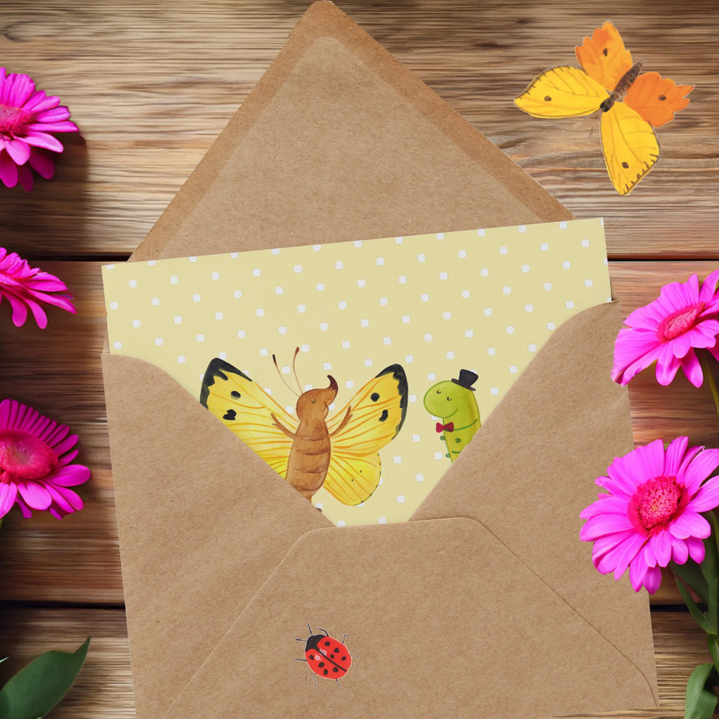 Deluxe Karte Raupe Schmetterling Grußkarte, Hochzeitskarte, Karte, Glückwunschkarte, Klappkarte, Geburtstagskarte, Einladungskarte, Hochwertige Grußkarte, Hochwertige Klappkarte, Tiermotive, Gute Laune, lustige Sprüche, Tiere, Schmetterling, Hut, Entwicklung, Schönheit, Kokon, Zitronenfalter, Hütchen, Erwachsen werden, Aufwachsen, Raupe