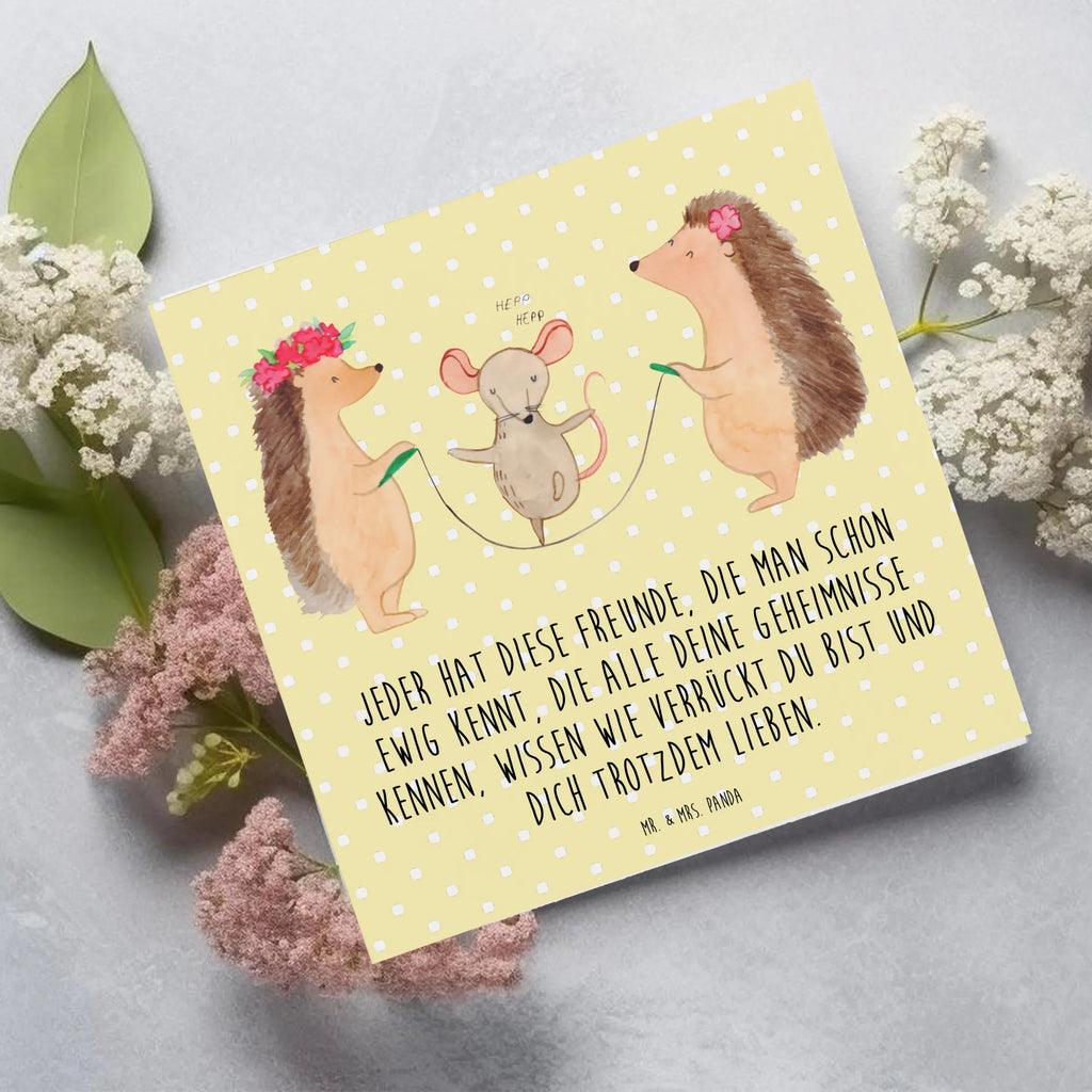 Deluxe Karte Igel Seilhüpfen Grußkarte, Karte, Einladungskarte, Geburtstagskarte, Glückwunschkarte, Hochzeitskarte, Klappkarte, Hochwertige Klappkarte, Hochwertige Grußkarte, Tiermotive, Gute Laune, lustige Sprüche, Tiere, Igel, Seilhüpfen, Seilspringen, Maus, Kindergarten, Kinder