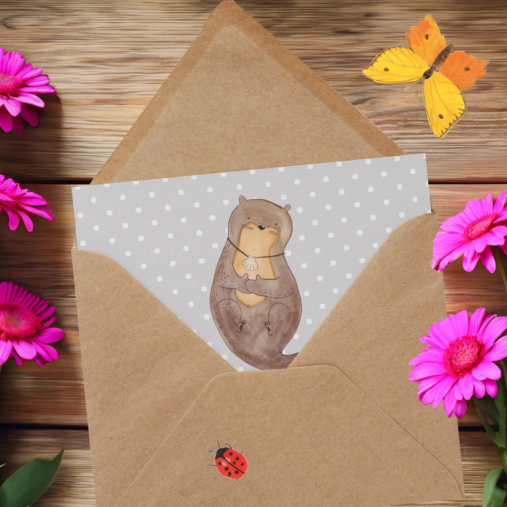 Deluxe Karte Otter Muschel Geburtstagskarte, Grußkarte, Klappkarte, Karte, Hochwertige Klappkarte, Glückwunschkarte, Einladungskarte, Hochzeitskarte, Hochwertige Grußkarte, Otter, Fischotter, Seeotter, Otterliebe, Tagträumen, Motivation, grübeln, träumen, Büro