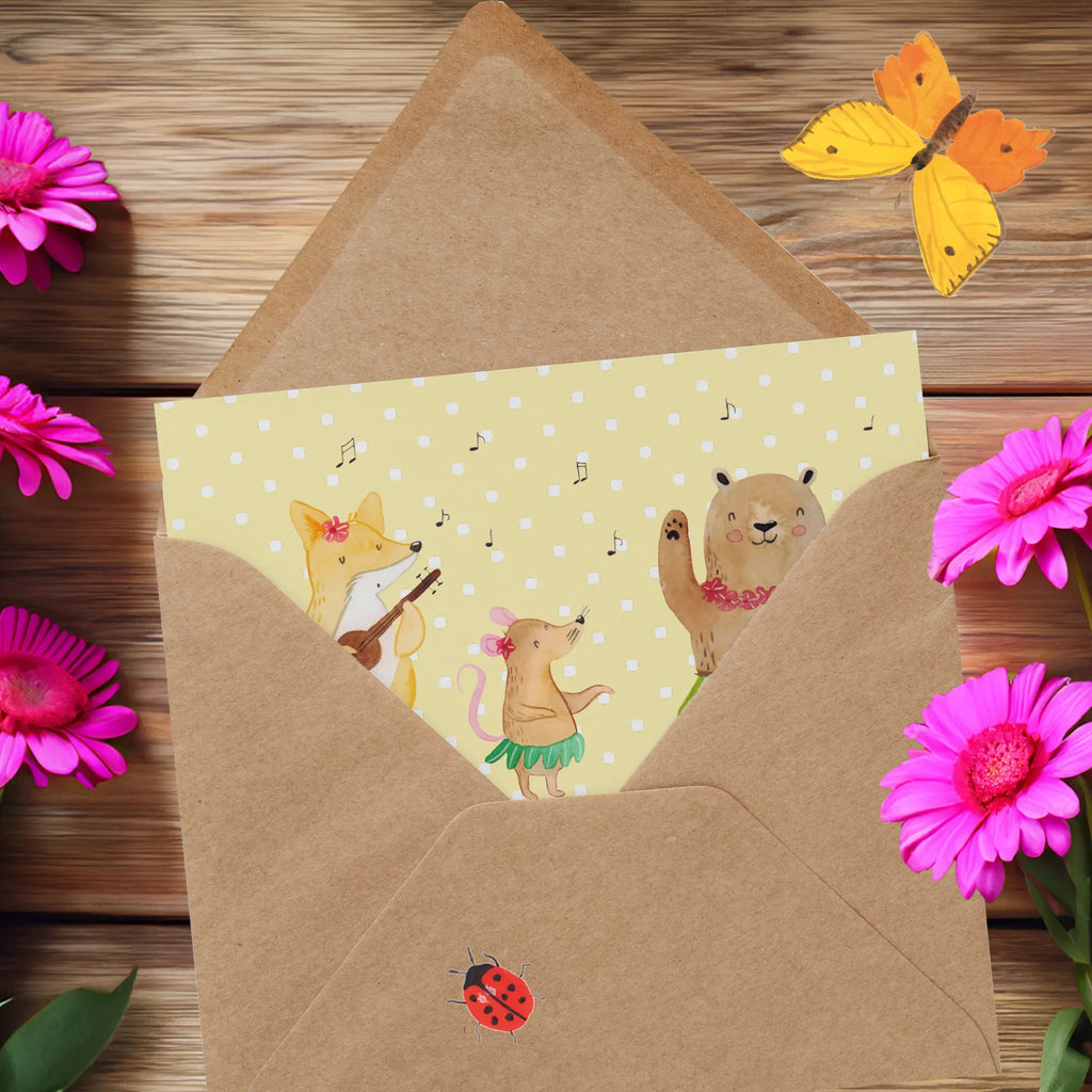 Deluxe Karte Waldtiere Aloha Glückwunschkarte, Grußkarte, Hochzeitskarte, Hochwertige Klappkarte, Hochwertige Grußkarte, Karte, Klappkarte, Geburtstagskarte, Einladungskarte, Tiermotive, Gute Laune, lustige Sprüche, Tiere, Bär, Waldtiere, Hase, Lachen, Leben, Tanzen, Musik, Igel, Wald, Aloha