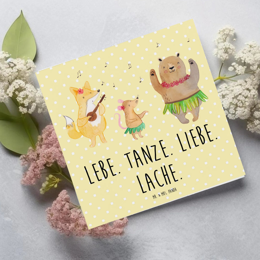 Deluxe Karte Waldtiere Aloha Glückwunschkarte, Grußkarte, Hochzeitskarte, Hochwertige Klappkarte, Hochwertige Grußkarte, Karte, Klappkarte, Geburtstagskarte, Einladungskarte, Tiermotive, Gute Laune, lustige Sprüche, Tiere, Bär, Waldtiere, Hase, Lachen, Leben, Tanzen, Musik, Igel, Wald, Aloha