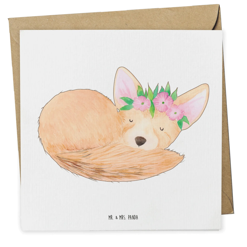 Deluxe Karte Wüstenfuchs Blumen Klappkarte, doppelkarte, Grußkarte, faltkarte, Glückwunschkarte, Afrika, Wildtiere, Blumen, Glücklich, Blumenkranz, Wüstenfuchs, Wüste