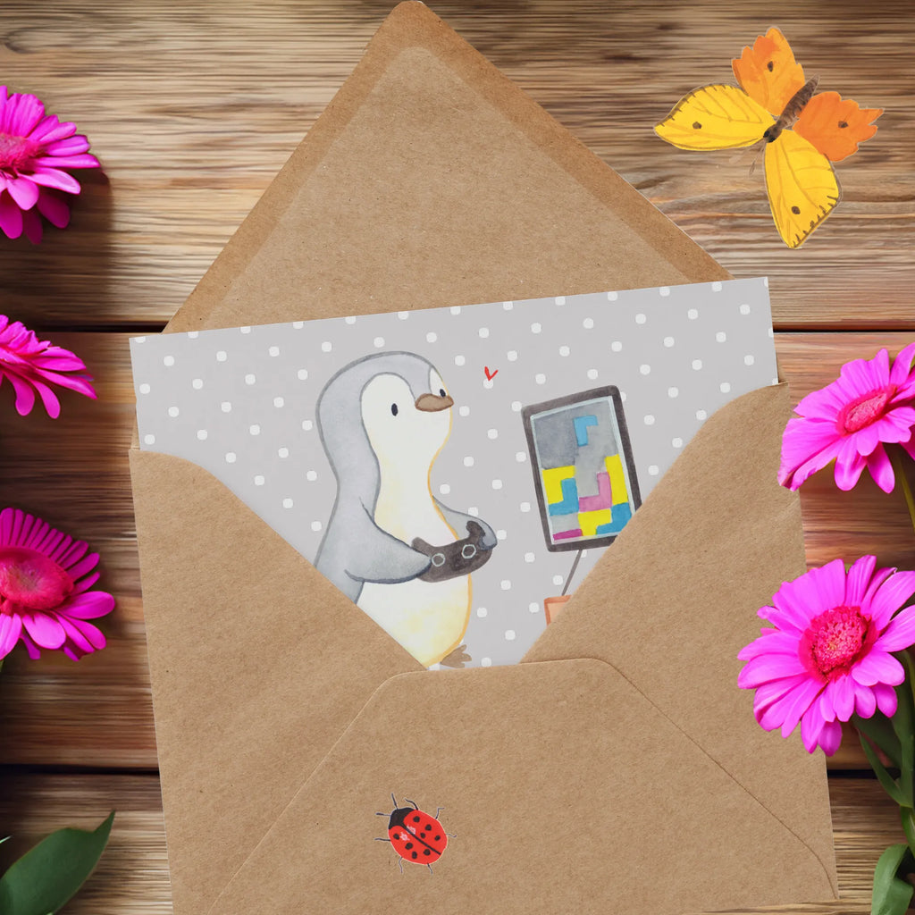 Deluxe Card penguin Gamble Karte, Glückwunschkarte, Hochwertige Grußkarte, Geburtstagskarte, Hochzeitskarte, Grußkarte, Klappkarte, Hochwertige Klappkarte, Einladungskarte, Geschenk, Sport, Sportart, Hobby, Schenken, Danke, Dankeschön, Auszeichnung, Gewinn, Sportler, Videospiele, Videogames, Gaming, Zocken