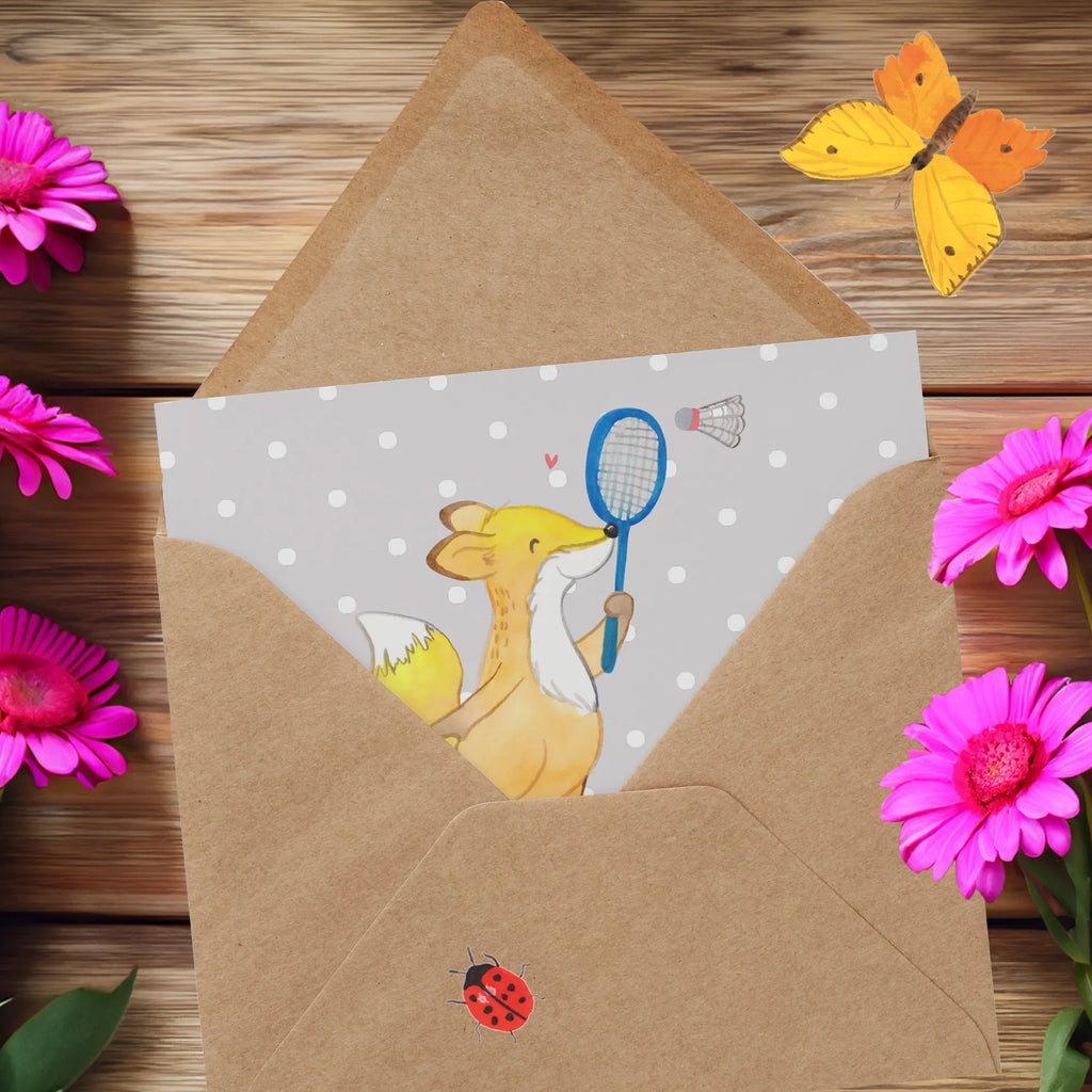 Personalisierte Deluxe Karte Fuchs Federball spielen Grußkarte mit persönlichen Nachrichten, Grußkarte mit Namen, Personalisierte Glückwunschkarte, Personalisierte Grußkarte, Grußkarte selbst gestalten, Grußkarte als Geldgeschenk, Grußkarte selber drucken, Personalisierte Karte, Personalisierte Geburtstagskarte, Grußkarten personalisiert, Personalisiertere Klappkarte, Personalisierte Einladungskarte, Personalisierte Hochzeitskarte, Geschenk, Sport, Sportart, Hobby, Schenken, Danke, Dankeschön, Auszeichnung, Gewinn, Sportler, Badminton, Federball spielen