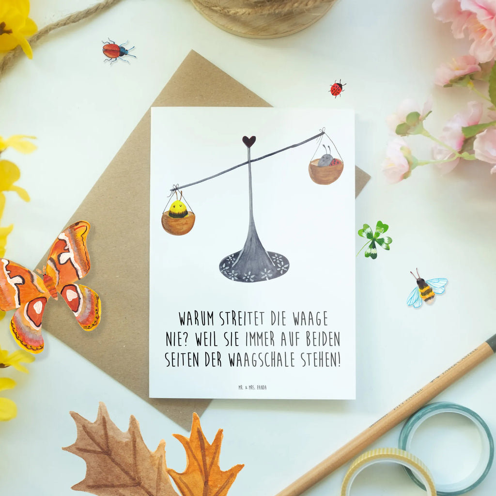 Greetings card Warum streitet die Waage nie? Weil sie immer auf beiden Seiten der Waagschale stehen! Grußkarte, Einladungskarte, Ansichtskarten, Klappkarte, Glückwunschkarte, Geburtstagskarte, Hochzeitskarte, Karte, Tierkreiszeichen, Sternzeichen, Horoskop, Astrologie, Aszendent