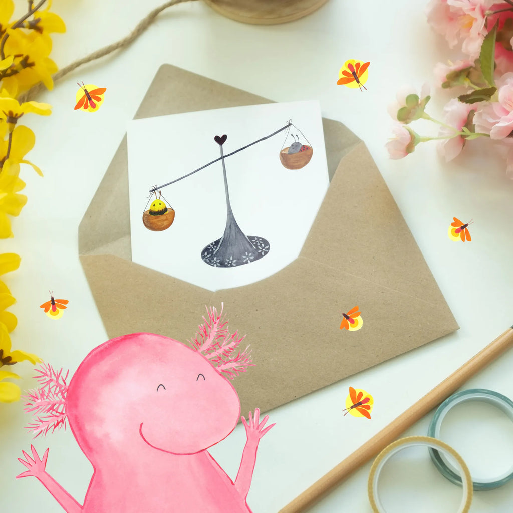 Greetings card Warum streitet die Waage nie? Weil sie immer auf beiden Seiten der Waagschale stehen! Grußkarte, Einladungskarte, Ansichtskarten, Klappkarte, Glückwunschkarte, Geburtstagskarte, Hochzeitskarte, Karte, Tierkreiszeichen, Sternzeichen, Horoskop, Astrologie, Aszendent