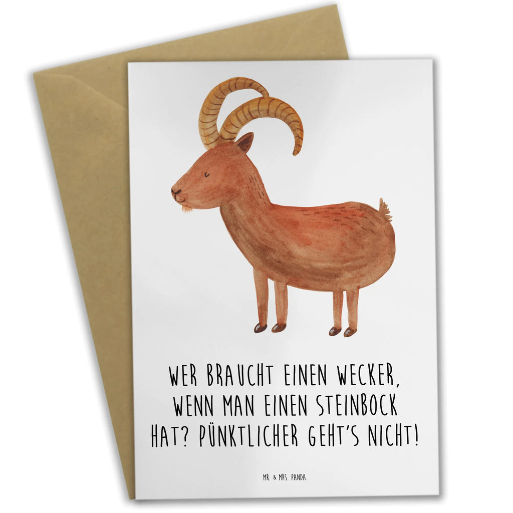 Greetings card Wer braucht einen Wecker, wenn man einen Steinbock hat? Pünktlicher geht's nicht! Klappkarte, Karte, Ansichtskarten, Hochzeitskarte, Einladungskarte, Glückwunschkarte, Geburtstagskarte, Grußkarte, Tierkreiszeichen, Sternzeichen, Horoskop, Astrologie, Aszendent