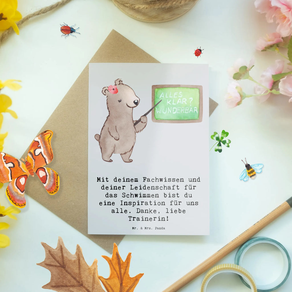 Greetings card Mit deinem Fachwissen und deiner Leidenschaft für das Schwimmen bist du eine Inspiration für uns alle. Danke, liebe Trainerin! Karte, Glückwunschkarte, Geburtstagskarte, Ansichtskarten, Klappkarte, Hochzeitskarte, Grußkarte, Einladungskarte, Geschenk, Sport, Sportart, Hobby, Schenken, Danke, Dankeschön, Auszeichnung, Gewinn, Sportler