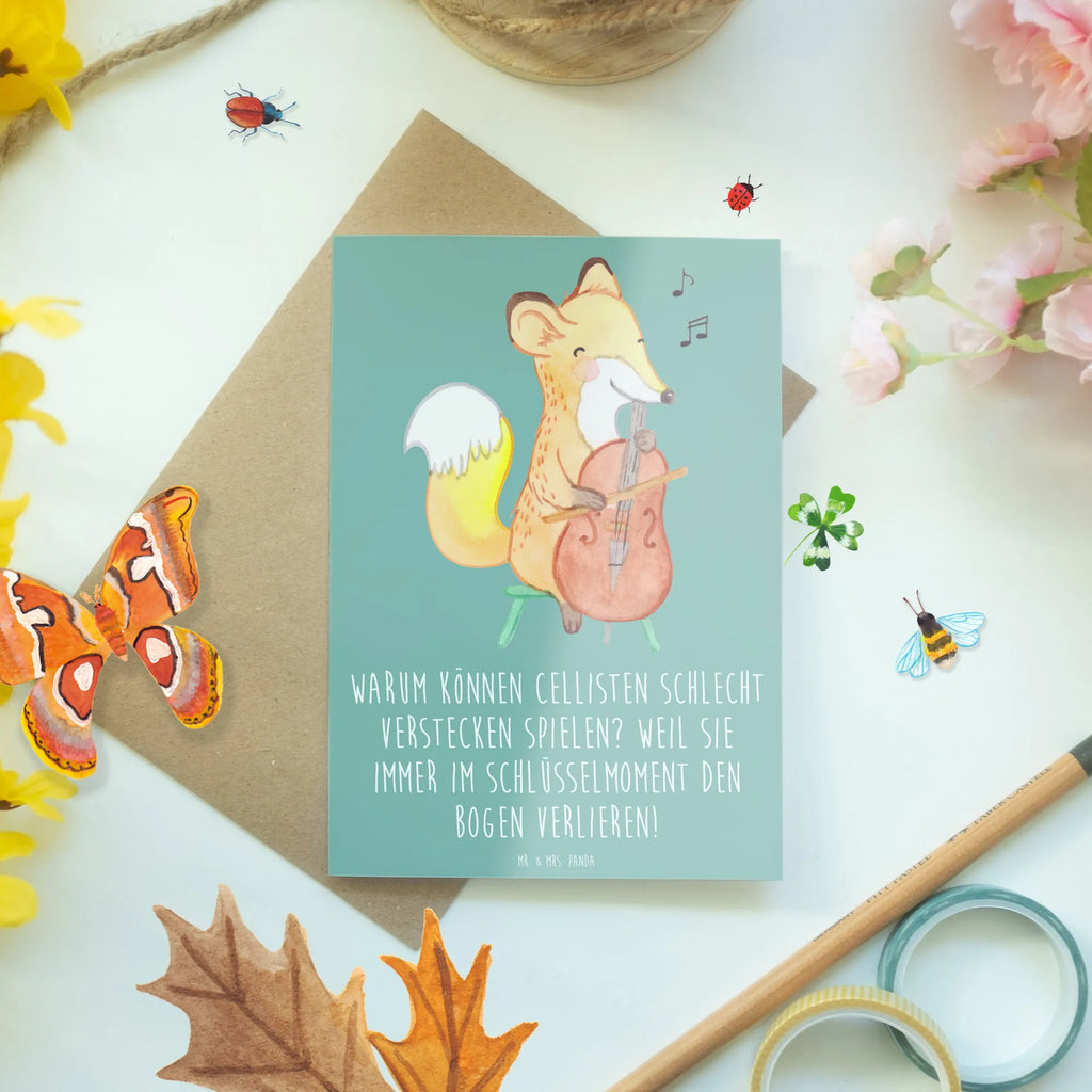 Greetings card Warum können Cellisten schlecht Verstecken spielen? Weil sie immer im Schlüsselmoment den Bogen verlieren! Ansichtskarten, Glückwunschkarte, Klappkarte, Karte, Hochzeitskarte, Grußkarte, Geburtstagskarte, Einladungskarte, Instrumente, Geschenke Musiker, Musikliebhaber
