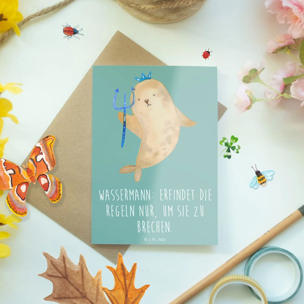 Greetings card Wassermann: Erfindet die Regeln nur, um sie zu brechen. Karte, Ansichtskarten, Klappkarte, Geburtstagskarte, Hochzeitskarte, Glückwunschkarte, Grußkarte, Einladungskarte, Tierkreiszeichen, Sternzeichen, Horoskop, Astrologie, Aszendent