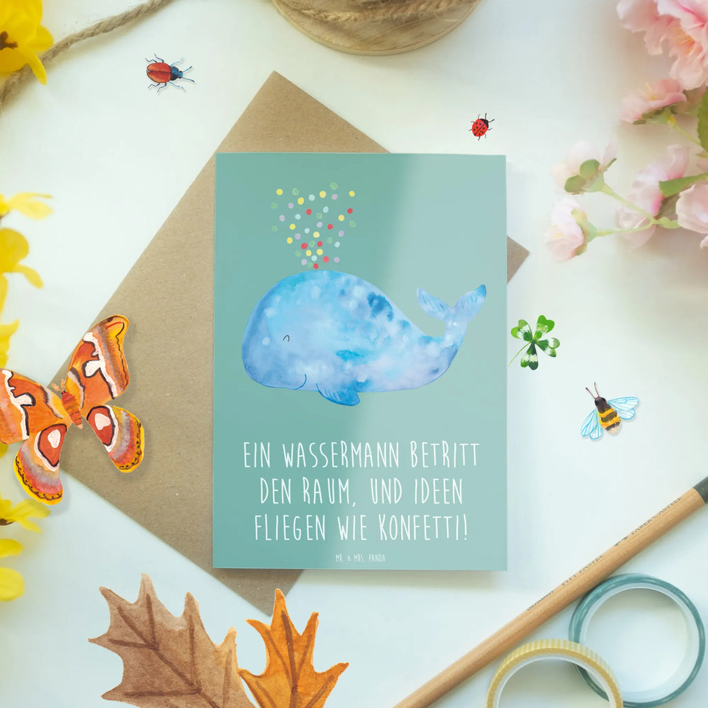 Greetings card Ein Wassermann betritt den Raum, und Ideen fliegen wie Konfetti! Ansichtskarten, Hochzeitskarte, Glückwunschkarte, Geburtstagskarte, Grußkarte, Klappkarte, Einladungskarte, Karte, Tierkreiszeichen, Sternzeichen, Horoskop, Astrologie, Aszendent