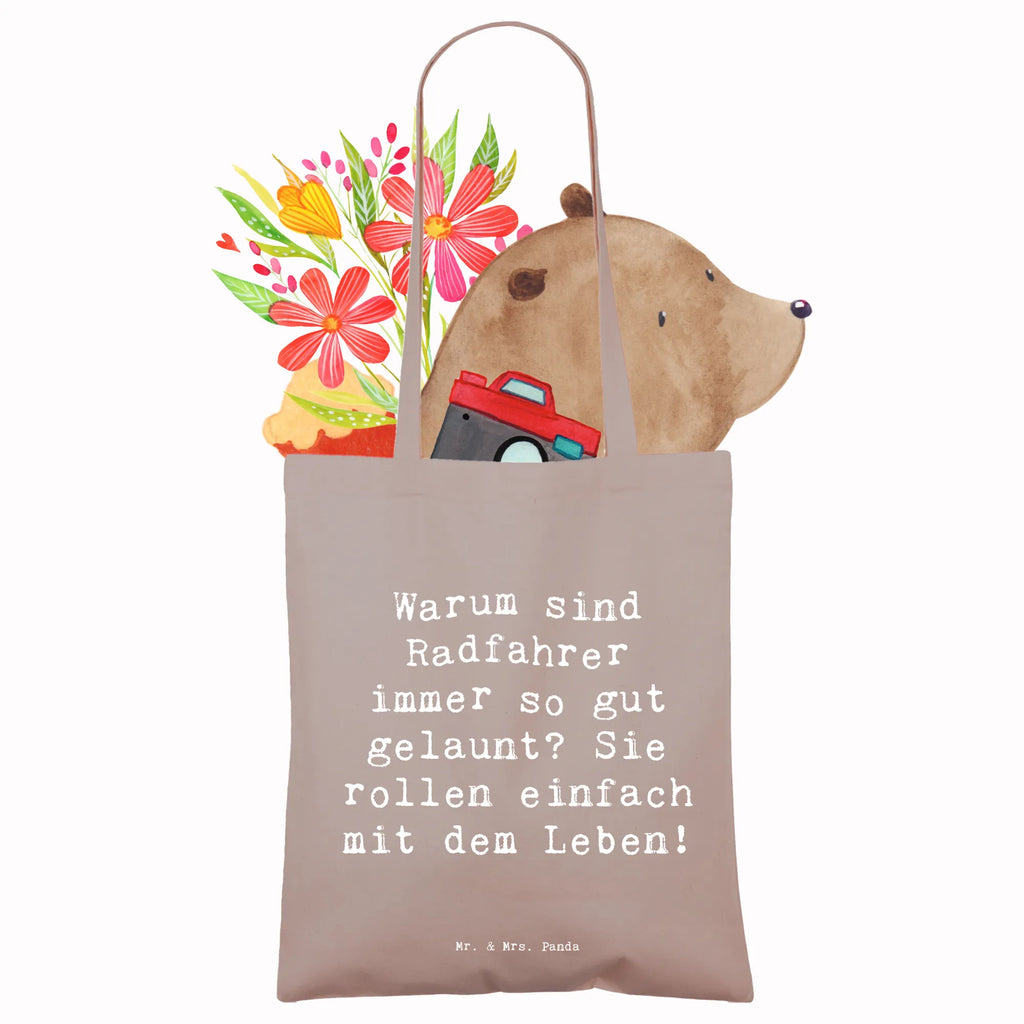 Tote bag Saying Warum sind Radfahrer immer so gut gelaunt? Sie rollen einfach mit dem Leben! Beutel, Stoffbeutel, Badetasche, Stofftasche, Schultertasche, Beuteltasche, Laptoptasche, Einkaufstüte, Umhängetasche, Einkaufstasche, Tragetasche, Jutetasche, Strandtasche, Tasche, Shopper, Jutebeutel, Geschenk, Sport, Sportart, Hobby, Schenken, Danke, Dankeschön, Auszeichnung, Gewinn, Sportler
