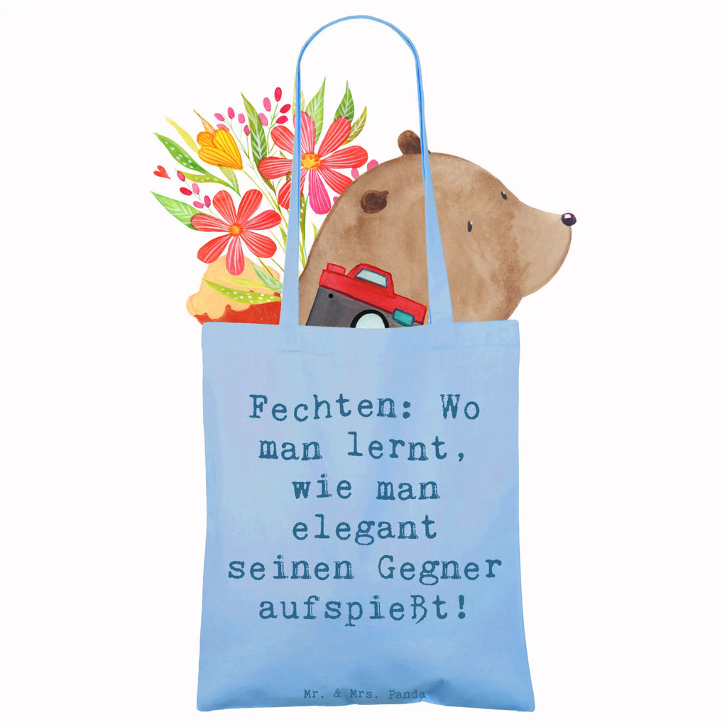 Tote bag Saying Fechten: Wo man lernt, wie man elegant seinen Gegner aufspießt! Beuteltasche, Umhängetasche, Jutebeutel, Badetasche, Stoffbeutel, Tragetasche, Einkaufstüte, Einkaufstasche, Stofftasche, Jutetasche, Beutel, Laptoptasche, Schultertasche, Shopper, Strandtasche, Tasche, Geschenk, Sport, Sportart, Hobby, Schenken, Danke, Dankeschön, Auszeichnung, Gewinn, Sportler