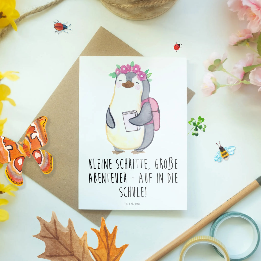 Greetings card Kleine Schritte, große Abenteuer - auf in die Schule! Hochzeitskarte, Einladungskarte, Geburtstagskarte, Grußkarte, Karte, Glückwunschkarte, Klappkarte, Ansichtskarten, sprüche, zitate, spruch kollektion, inspiration, motivation, lebensweisheiten, geschenkideen, wanddeko, wohnaccessoires, sprüche sammlung, schöne sprüche, glück, liebe, freude, lächeln, alltag verschönern, nachhaltige geschenke, dekoration, kreativ, einzigartig, shopify, mr and mrs panda