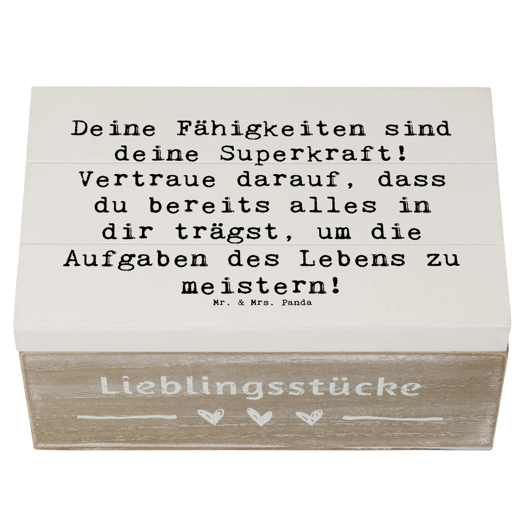 Wooden chest Saying Deine Fähigkeiten sind deine Superkraft! Vertraue darauf, dass du bereits alles in dir trägst, um die Aufgaben des Lebens zu meistern! Schatulle, Erinnerungskiste, Geschenkbox, Holzkiste, Geschenkdose, Kiste, Schatzkiste, Truhe, XXL, Dekokiste, Aufbewahrungsbox, Erinnerungsbox