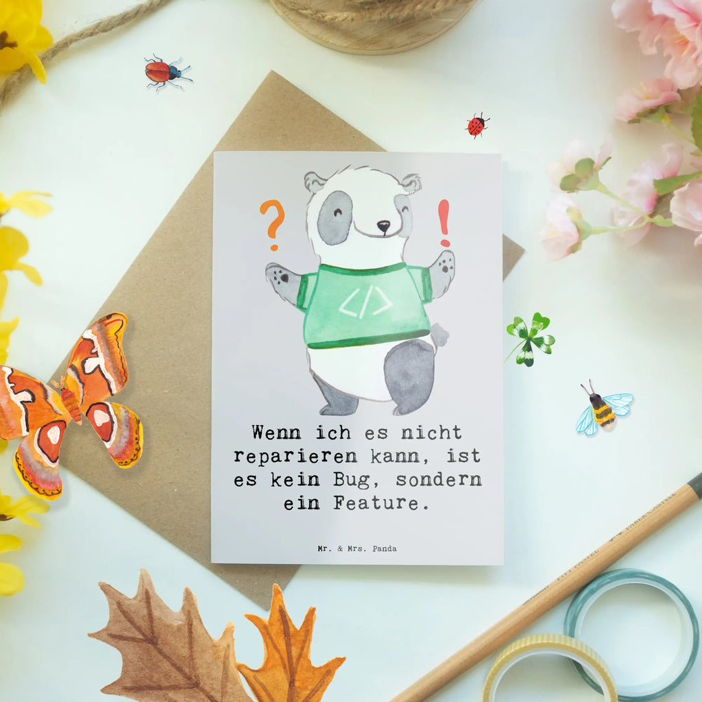 Greetings card Wenn ich es nicht reparieren kann, ist es kein Bug, sondern ein Feature. Karte, Einladungskarte, Geburtstagskarte, Klappkarte, Hochzeitskarte, Glückwunschkarte, Grußkarte, Ansichtskarten, Beruf, Ausbildung, Jubiläum, Abschied, Rente, Kollege, Kollegin, Geschenk, Schenken, Arbeitskollege, Mitarbeiter, Firma, Danke, Dankeschön