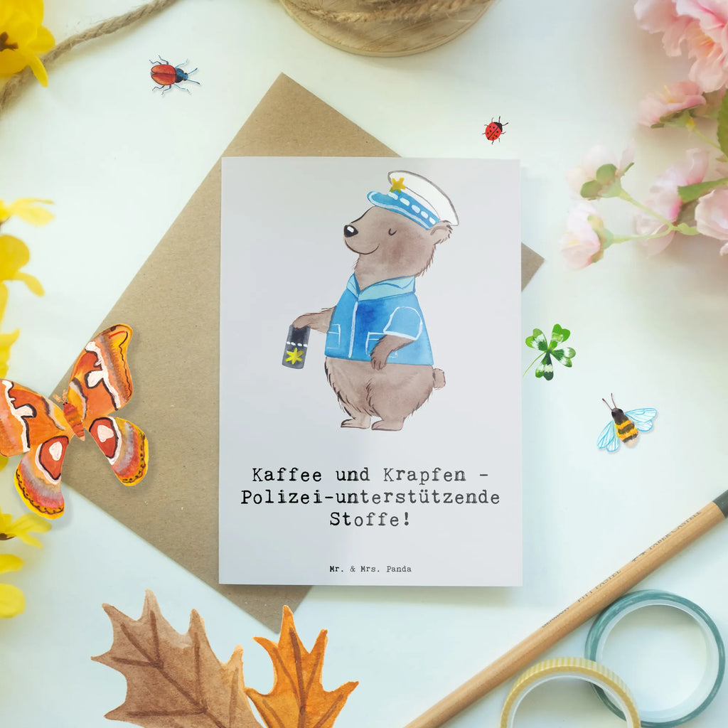Greetings card Kaffee und Krapfen - Polizei-unterstützende Stoffe! Geburtstagskarte, Ansichtskarten, Grußkarte, Glückwunschkarte, Karte, Hochzeitskarte, Klappkarte, Einladungskarte, Beruf, Ausbildung, Jubiläum, Abschied, Rente, Kollege, Kollegin, Geschenk, Schenken, Arbeitskollege, Mitarbeiter, Firma, Danke, Dankeschön