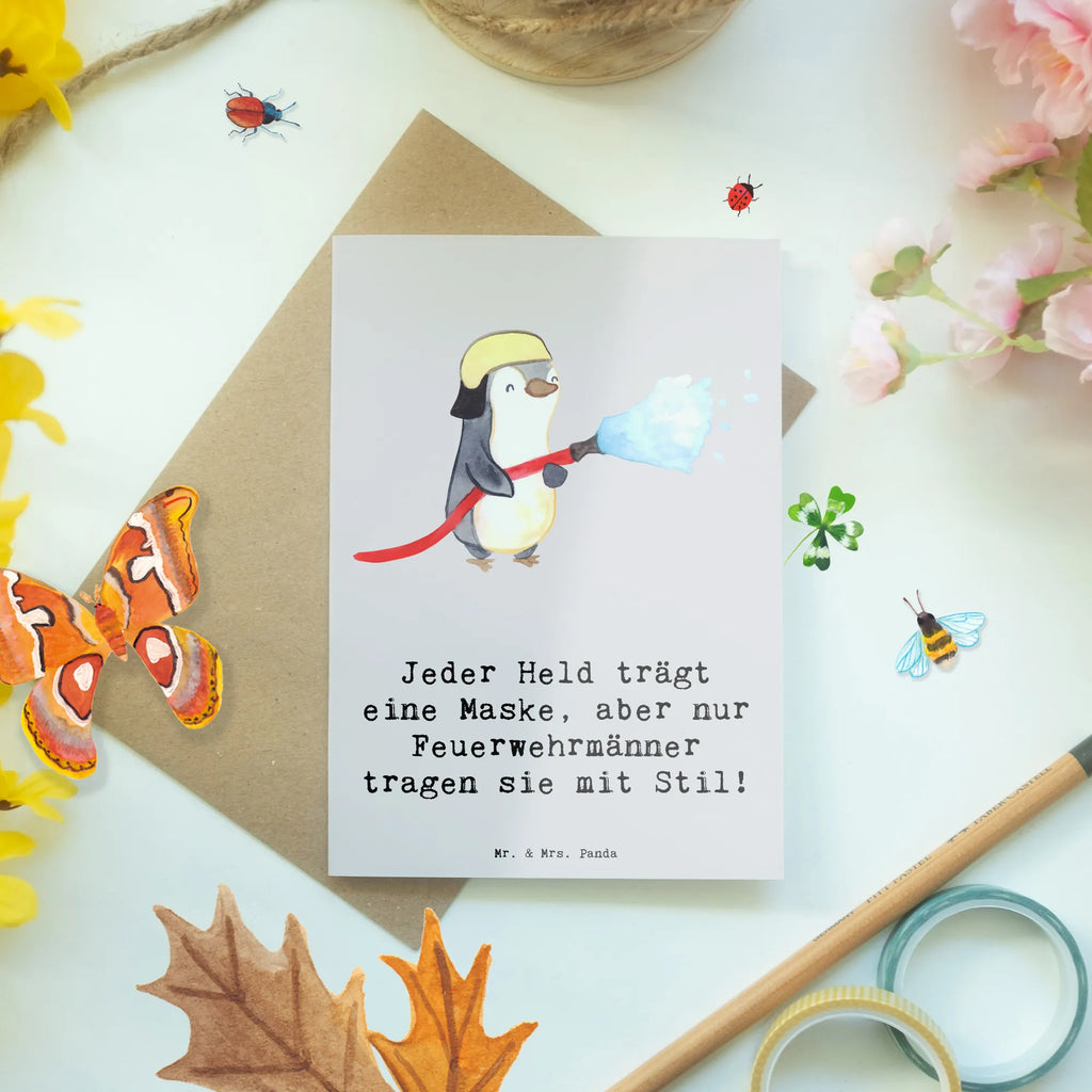 Greetings card Jeder Held trägt eine Maske, aber nur Feuerwehrmänner tragen sie mit Stil! Einladungskarte, Grußkarte, Hochzeitskarte, Ansichtskarten, Geburtstagskarte, Karte, Glückwunschkarte, Klappkarte, Beruf, Ausbildung, Jubiläum, Abschied, Rente, Kollege, Kollegin, Geschenk, Schenken, Arbeitskollege, Mitarbeiter, Firma, Danke, Dankeschön