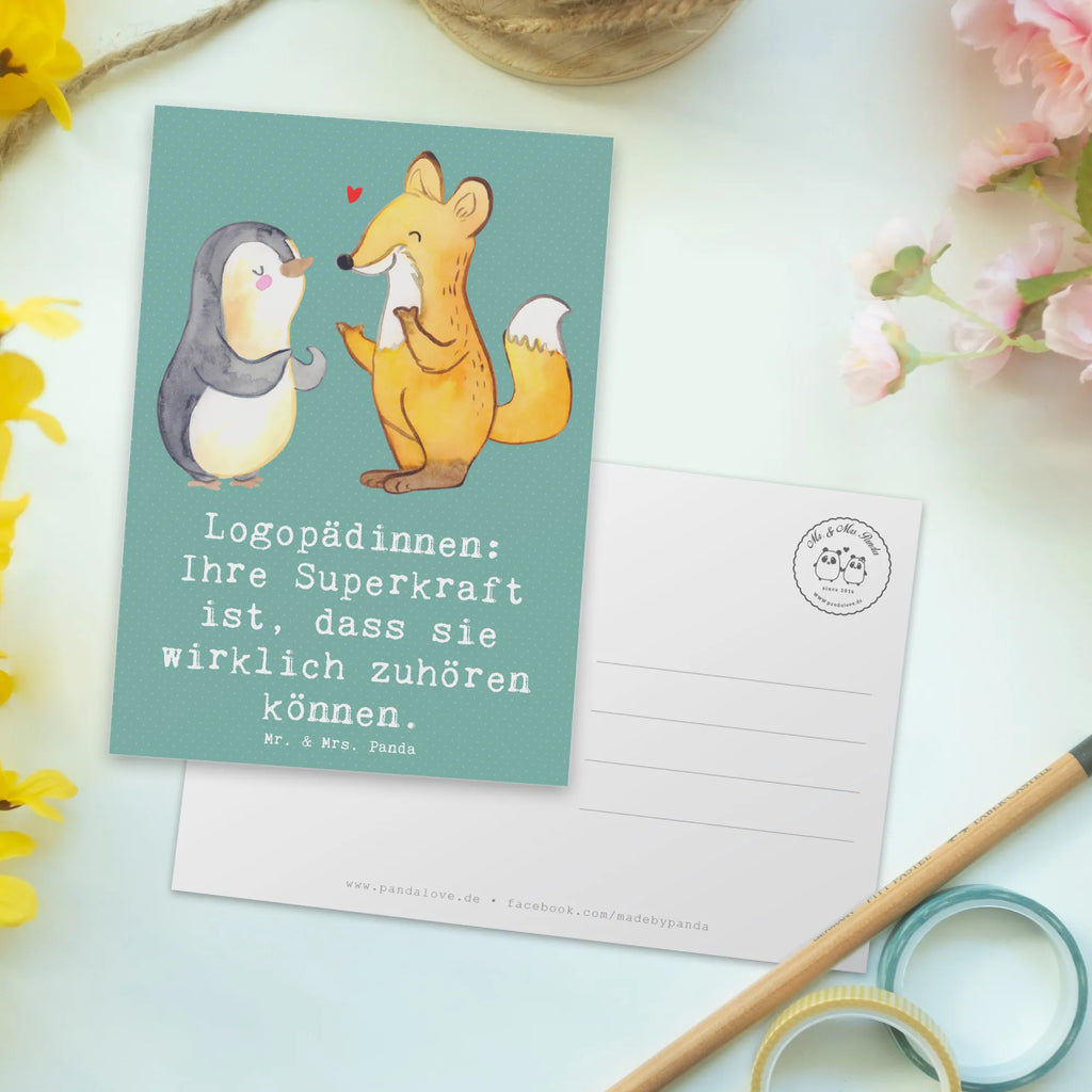 Postcard Logopädinnen: Ihre Superkraft ist, dass sie wirklich zuhören können. Grußkarte, Karte, Einladung, Einladungskarte, Ansichtskarten, Einladung Geburtstag, Dankeskarte, Geschenkkarte, Einladungskarten Geburtstag, Postkarte, Ansichtskarte, Geburtstagskarte, Beruf, Ausbildung, Jubiläum, Abschied, Rente, Kollege, Kollegin, Geschenk, Schenken, Arbeitskollege, Mitarbeiter, Firma, Danke, Dankeschön