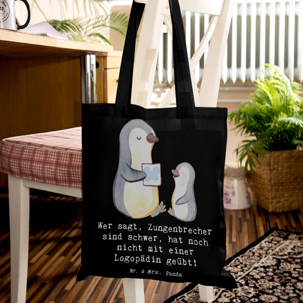 Tote bag Wer sagt, Zungenbrecher sind schwer, hat noch nicht mit einer Logopädin geübt! Stofftasche, Stoffbeutel, Strandtasche, Umhängetasche, Beuteltasche, Schultertasche, Beutel, Jutetasche, Einkaufstüte, Laptoptasche, Tasche, Jutebeutel, Shopper, Tragetasche, Badetasche, Einkaufstasche, Beruf, Ausbildung, Jubiläum, Abschied, Rente, Kollege, Kollegin, Geschenk, Schenken, Arbeitskollege, Mitarbeiter, Firma, Danke, Dankeschön