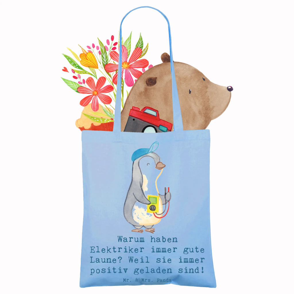 Tote bag Warum haben Elektriker immer gute Laune? Weil sie immer positiv geladen sind! Laptoptasche, Einkaufstasche, Tragetasche, Beuteltasche, Tasche, Beutel, Jutetasche, Stoffbeutel, Schultertasche, Shopper, Strandtasche, Badetasche, Umhängetasche, Jutebeutel, Stofftasche, Einkaufstüte, Beruf, Ausbildung, Jubiläum, Abschied, Rente, Kollege, Kollegin, Geschenk, Schenken, Arbeitskollege, Mitarbeiter, Firma, Danke, Dankeschön