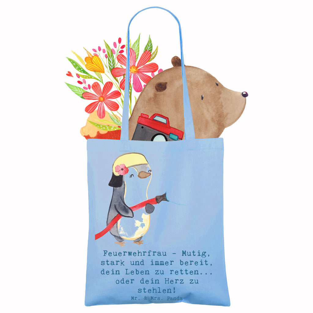 Tote bag Feuerwehrfrau - Mutig, stark und immer bereit, dein Leben zu retten... oder dein Herz zu stehlen! Tragetasche, Einkaufstüte, Stoffbeutel, Umhängetasche, Stofftasche, Schultertasche, Tasche, Strandtasche, Jutetasche, Badetasche, Beutel, Jutebeutel, Einkaufstasche, Shopper, Beuteltasche, Laptoptasche, Beruf, Ausbildung, Jubiläum, Abschied, Rente, Kollege, Kollegin, Geschenk, Schenken, Arbeitskollege, Mitarbeiter, Firma, Danke, Dankeschön