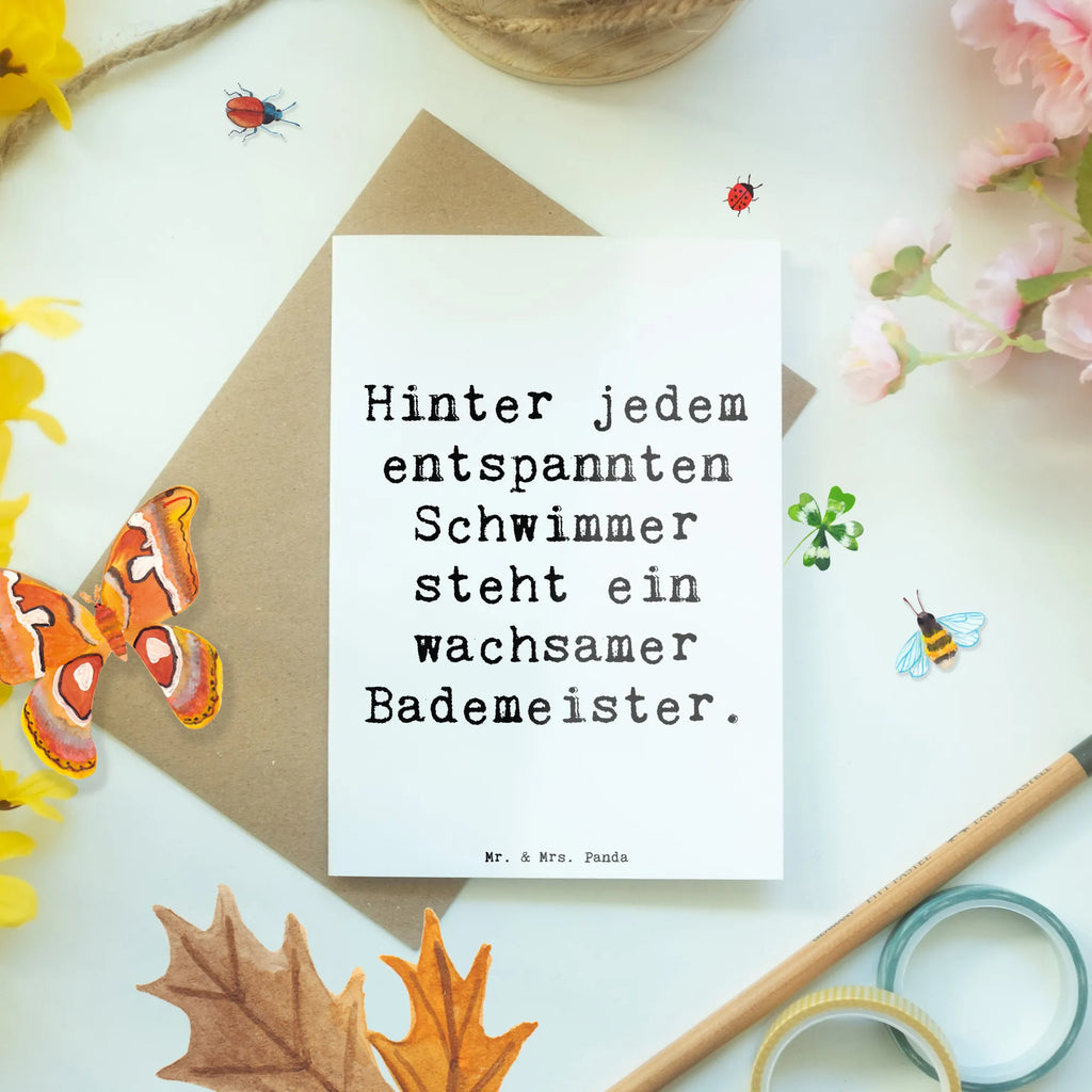 Greetings card Saying Hinter jedem entspannten Schwimmer steht ein wachsamer Bademeister. Ansichtskarten, Grußkarte, Klappkarte, Geburtstagskarte, Glückwunschkarte, Karte, Hochzeitskarte, Einladungskarte, Beruf, Ausbildung, Jubiläum, Abschied, Rente, Kollege, Kollegin, Geschenk, Schenken, Arbeitskollege, Mitarbeiter, Firma, Danke, Dankeschön