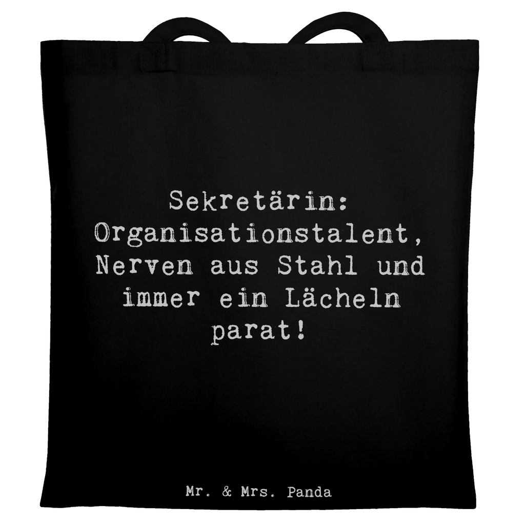 Tote bag Saying Sekretärin: Organisationstalent, Nerven aus Stahl und immer ein Lächeln parat! Einkaufstüte, Umhängetasche, Badetasche, Shopper, Einkaufstasche, Tragetasche, Jutetasche, Stoffbeutel, Stofftasche, Schultertasche, Laptoptasche, Beutel, Beuteltasche, Jutebeutel, Tasche, Strandtasche, Beruf, Ausbildung, Jubiläum, Abschied, Rente, Kollege, Kollegin, Geschenk, Schenken, Arbeitskollege, Mitarbeiter, Firma, Danke, Dankeschön