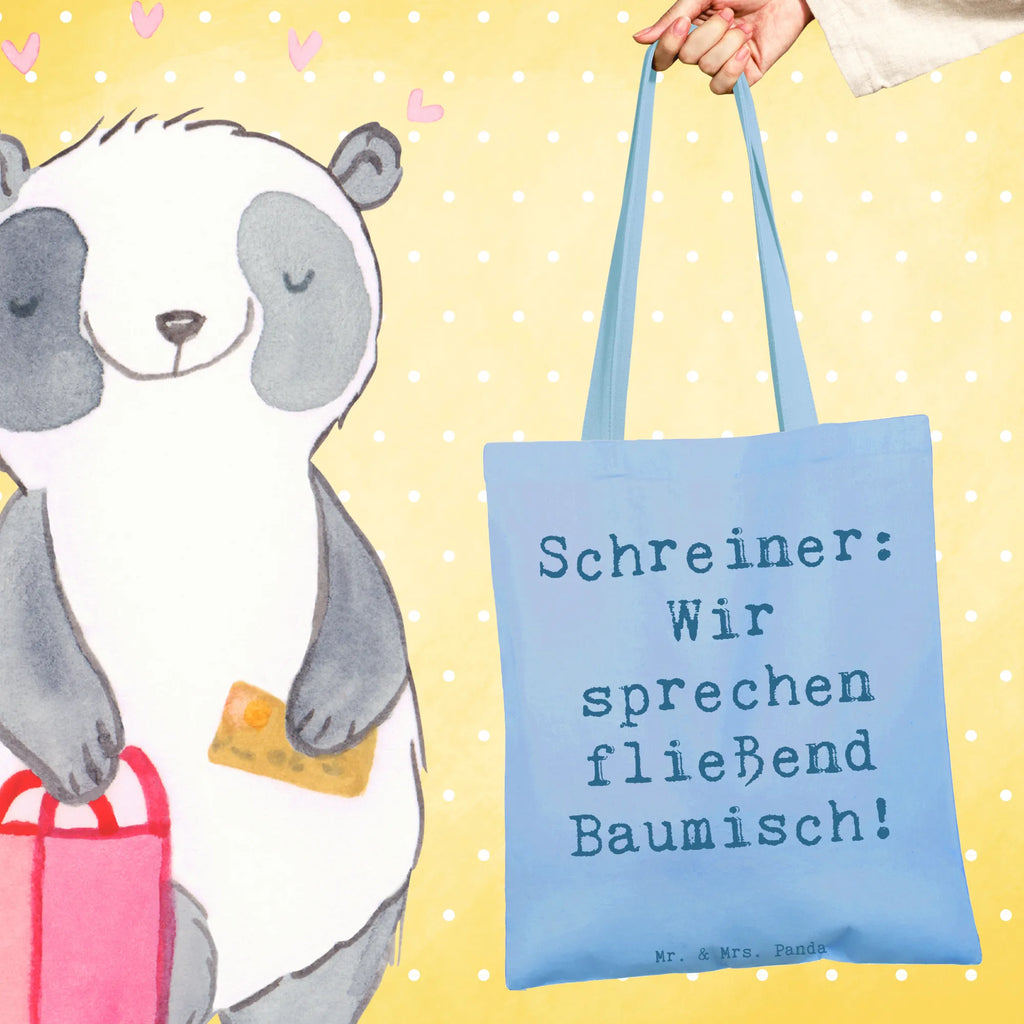 Tragetasche Spruch Schreiner: Wir sprechen fließend Baumisch! Beuteltasche, Beutel, Jutebeutel, Laptoptasche, Stofftasche, Tragetasche, Tasche, Jutetasche, Stoffbeutel, Badetasche, Einkaufstüte, Strandtasche, Einkaufstasche, Shopper, Schultertasche, Umhängetasche, Beruf, Ausbildung, Jubiläum, Abschied, Rente, Kollege, Kollegin, Geschenk, Schenken, Arbeitskollege, Mitarbeiter, Firma, Danke, Dankeschön