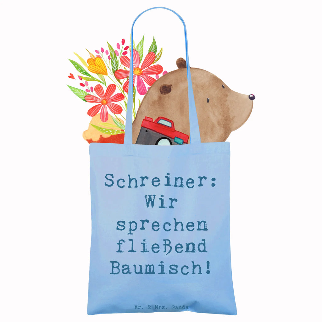 Tragetasche Spruch Schreiner: Wir sprechen fließend Baumisch! Beuteltasche, Beutel, Jutebeutel, Laptoptasche, Stofftasche, Tragetasche, Tasche, Jutetasche, Stoffbeutel, Badetasche, Einkaufstüte, Strandtasche, Einkaufstasche, Shopper, Schultertasche, Umhängetasche, Beruf, Ausbildung, Jubiläum, Abschied, Rente, Kollege, Kollegin, Geschenk, Schenken, Arbeitskollege, Mitarbeiter, Firma, Danke, Dankeschön