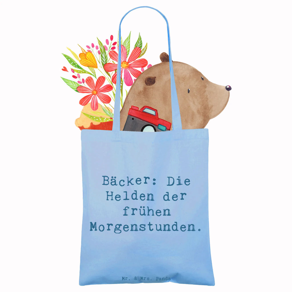 Tote bag Saying Bäcker: Die Helden der frühen Morgenstunden. Jutebeutel, Tasche, Einkaufstüte, Strandtasche, Tragetasche, Jutetasche, Beutel, Beuteltasche, Stofftasche, Schultertasche, Umhängetasche, Badetasche, Laptoptasche, Shopper, Stoffbeutel, Einkaufstasche, Beruf, Ausbildung, Jubiläum, Abschied, Rente, Kollege, Kollegin, Geschenk, Schenken, Arbeitskollege, Mitarbeiter, Firma, Danke, Dankeschön