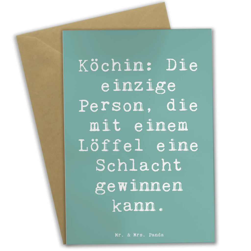 Greetings card Saying Köchin: Die einzige Person, die mit einem Löffel eine Schlacht gewinnen kann. Ansichtskarten, Einladungskarte, Grußkarte, Glückwunschkarte, Klappkarte, Karte, Geburtstagskarte, Hochzeitskarte, Beruf, Ausbildung, Jubiläum, Abschied, Rente, Kollege, Kollegin, Geschenk, Schenken, Arbeitskollege, Mitarbeiter, Firma, Danke, Dankeschön