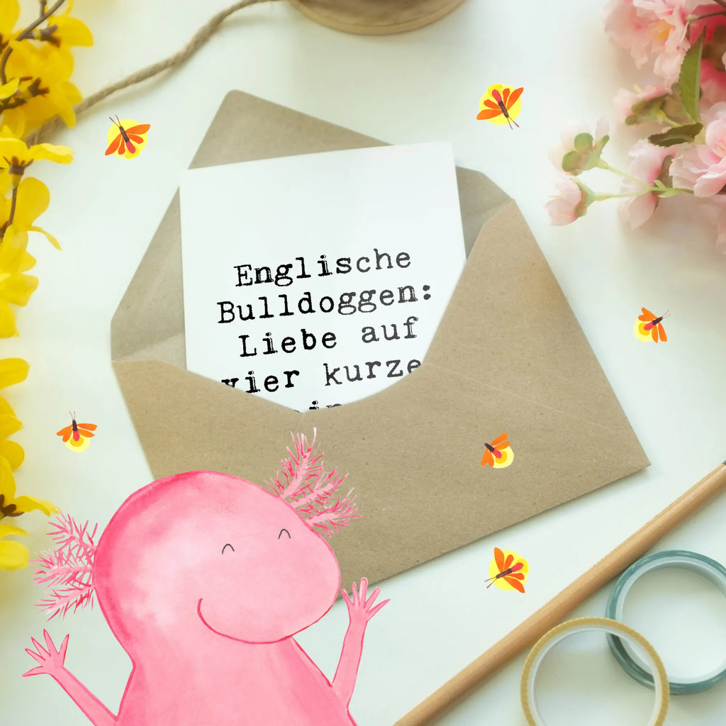 Greetings card Saying Englische Bulldoggen: Liebe auf vier kurzen Beinen. Geburtstagskarte, Hochzeitskarte, Glückwunschkarte, Ansichtskarten, Einladungskarte, Klappkarte, Karte, Grußkarte, Hund, Hunderasse, Rassehund, Hundebesitzer, Geschenk, Tierfreund, Schenken, Welpe