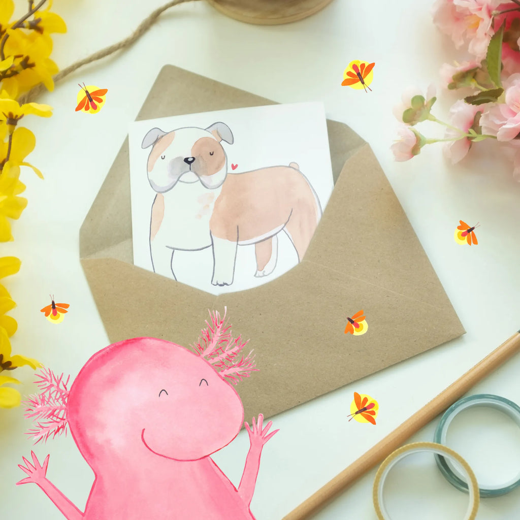 Greetings card Englische Bulldoggen: Liebevoll und loyal - die besten Freunde auf vier Pfoten. Glückwunschkarte, Einladungskarte, Hochzeitskarte, Klappkarte, Geburtstagskarte, Grußkarte, Ansichtskarten, Karte, Hund, Hunderasse, Rassehund, Hundebesitzer, Geschenk, Tierfreund, Schenken, Welpe