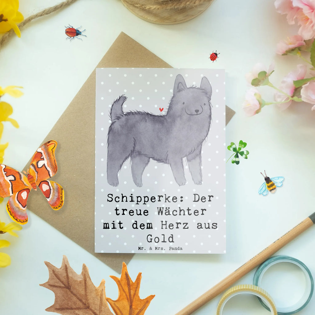 Greetings card Schipperke: Der treue Wächter mit dem Herz aus Gold Klappkarte, Hochzeitskarte, Einladungskarte, Grußkarte, Glückwunschkarte, Karte, Geburtstagskarte, Ansichtskarten, Hund, Hunderasse, Rassehund, Hundebesitzer, Geschenk, Tierfreund, Schenken, Welpe