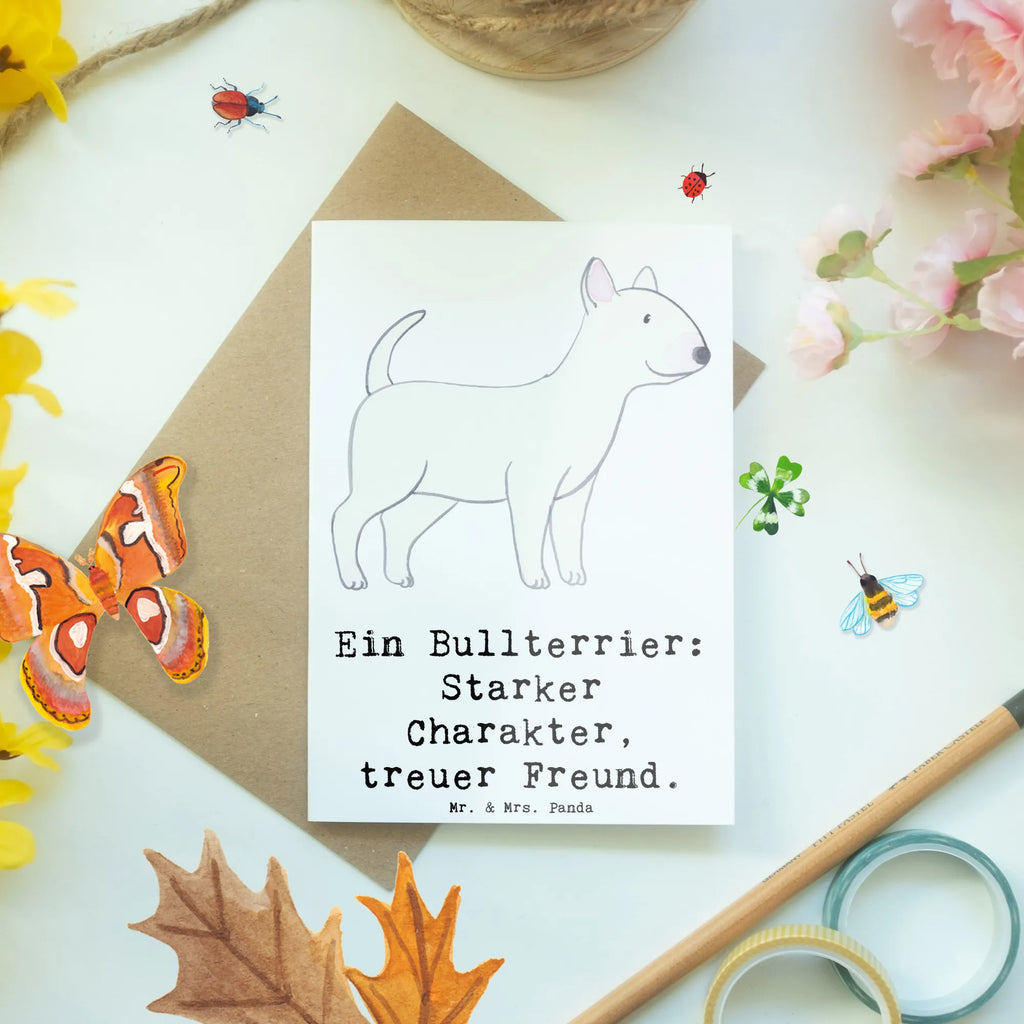 Greetings card Ein Bullterrier: Starker Charakter, treuer Freund. Hochzeitskarte, Grußkarte, Geburtstagskarte, Glückwunschkarte, Klappkarte, Einladungskarte, Ansichtskarten, Karte, Hund, Hunderasse, Rassehund, Hundebesitzer, Geschenk, Tierfreund, Schenken, Welpe
