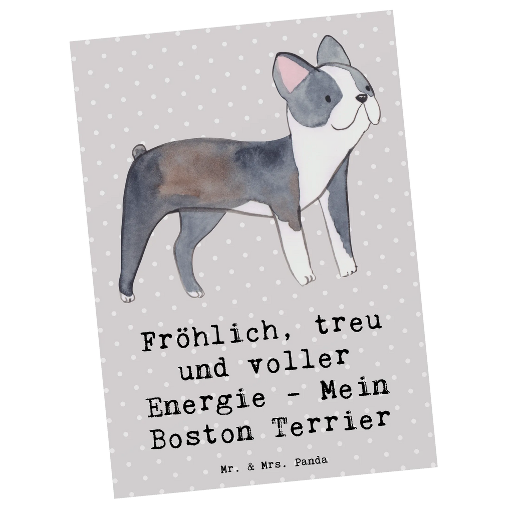 Postcard Fröhlich, treu und voller Energie - Mein Boston Terrier Geschenkkarte, Postkarte, Karte, Ansichtskarten, Ansichtskarte, Einladungskarte, Geburtstagskarte, Dankeskarte, Einladungskarten Geburtstag, Einladung Geburtstag, Grußkarte, Einladung, Hund, Hunderasse, Rassehund, Hundebesitzer, Geschenk, Tierfreund, Schenken, Welpe