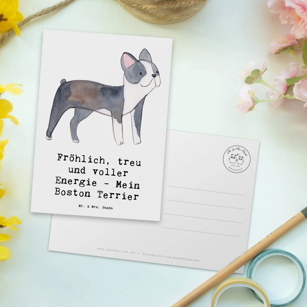Postcard Fröhlich, treu und voller Energie - Mein Boston Terrier Geschenkkarte, Postkarte, Karte, Ansichtskarten, Ansichtskarte, Einladungskarte, Geburtstagskarte, Dankeskarte, Einladungskarten Geburtstag, Einladung Geburtstag, Grußkarte, Einladung, Hund, Hunderasse, Rassehund, Hundebesitzer, Geschenk, Tierfreund, Schenken, Welpe