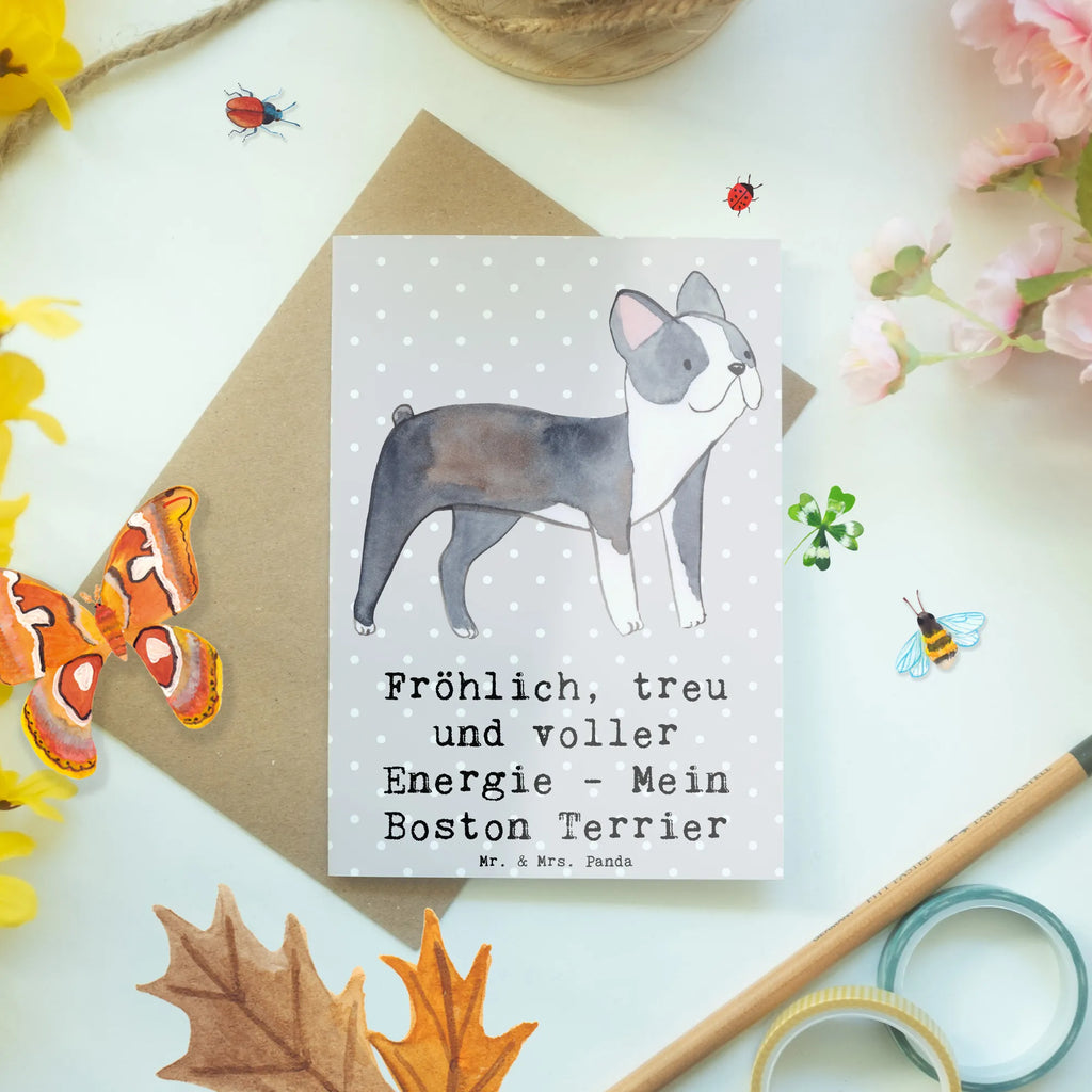 Greetings card Fröhlich, treu und voller Energie - Mein Boston Terrier Glückwunschkarte, Geburtstagskarte, Grußkarte, Ansichtskarten, Einladungskarte, Karte, Klappkarte, Hochzeitskarte, Hund, Hunderasse, Rassehund, Hundebesitzer, Geschenk, Tierfreund, Schenken, Welpe