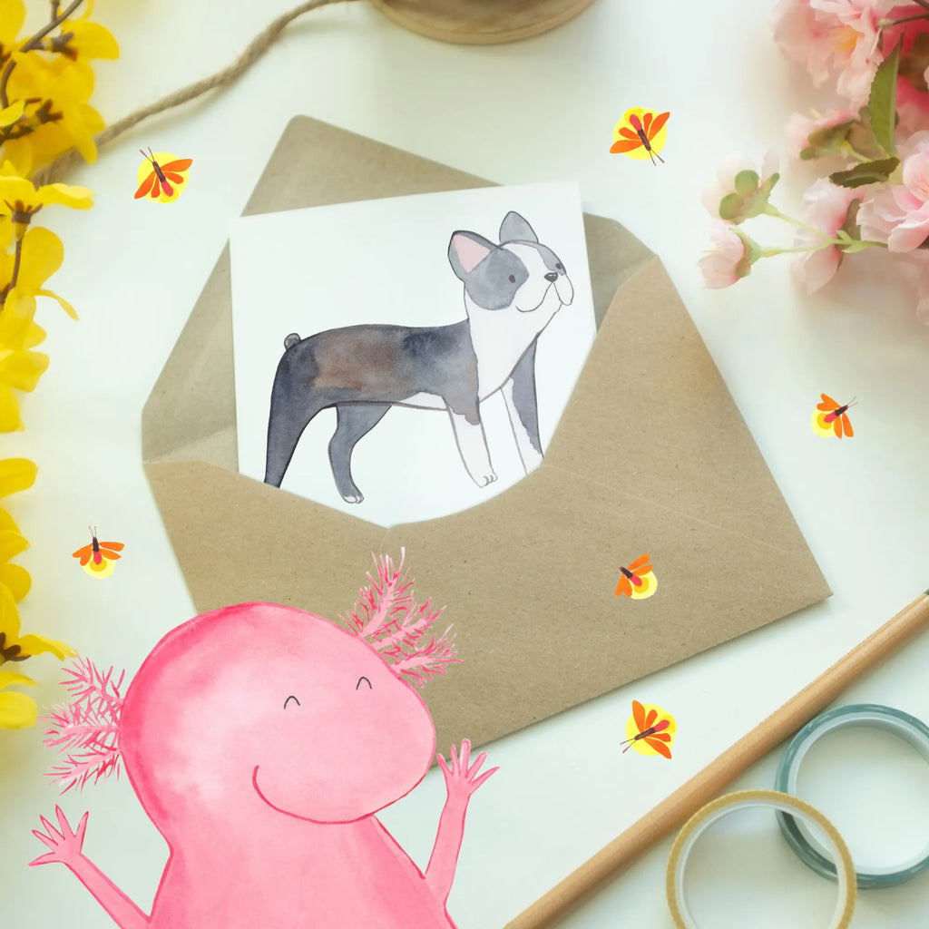 Greetings card Fröhlich, treu und voller Energie - Mein Boston Terrier Glückwunschkarte, Geburtstagskarte, Grußkarte, Ansichtskarten, Einladungskarte, Karte, Klappkarte, Hochzeitskarte, Hund, Hunderasse, Rassehund, Hundebesitzer, Geschenk, Tierfreund, Schenken, Welpe